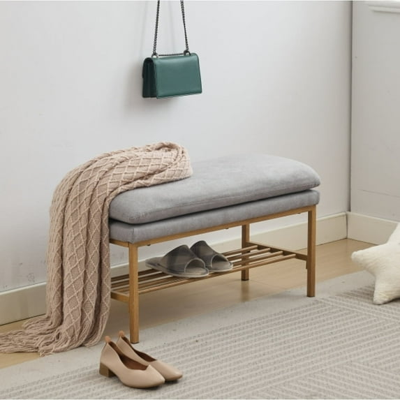 Modern Linen Upholstered Storage Shoe Bench with Shelf, Bedroom Bench with Metal Legs for Living Room, Entryway, Gray