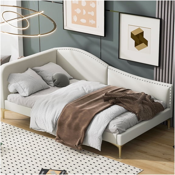 Modern Linen Upholstered Twin Daybed with Headboard and Armrest, Space Saving Sofa Bed for Guest Room