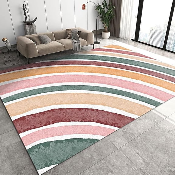 Modern Lines Art Rainbow Area Rugs, Colorful Boho Rainbow Printed Rug, Non-Slip Machine Washable Carpet For Kids Boys And Girls Toddler Bedroom Playroom Living Room 4 x 5ft
