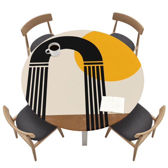 Modern Lines Round Fitted Tablecloth with Elastic Edged, Abstract Brief Orange Sun Art Waterproof Table Cover for Dinner Outdoor Picnic Fits Round Tables up to 55"- 60" Diameter