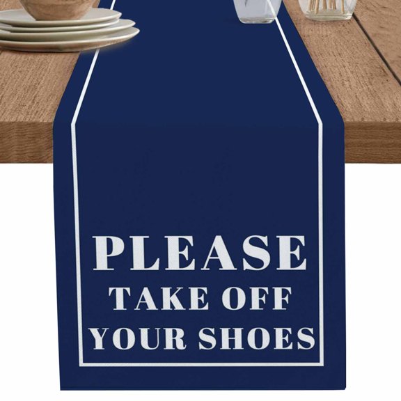 Modern Lines Take off Your Shoes Table Runner-36 Inch Long Dark Blue Background Table Runners Linen Burlap Tablerunner for Kitchen Dining Room Holiday Party