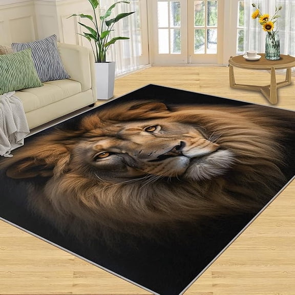 Modern Lion Area Rug, Lion Vintage Print Indoor Rugs, Animal Themed Anti-Slip Backing Rug, Lion Print Washable Floor Carpet for Study Dining Room 5 x 6ft