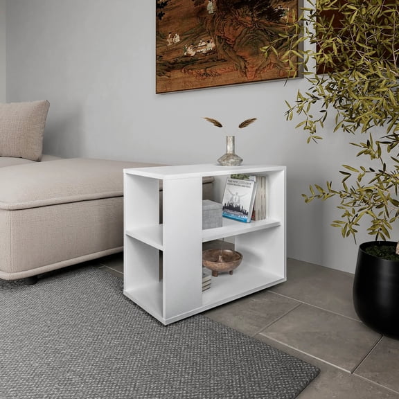 Modern Living Area Side Table - White Rectangular Open Storage Space With Shelf