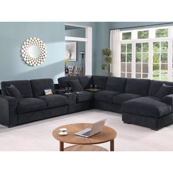 Modern Living Room 6pc Modular Sectional Set Dark Gray Chenille Couch Right Facing Chaise Cupholders Console Storage