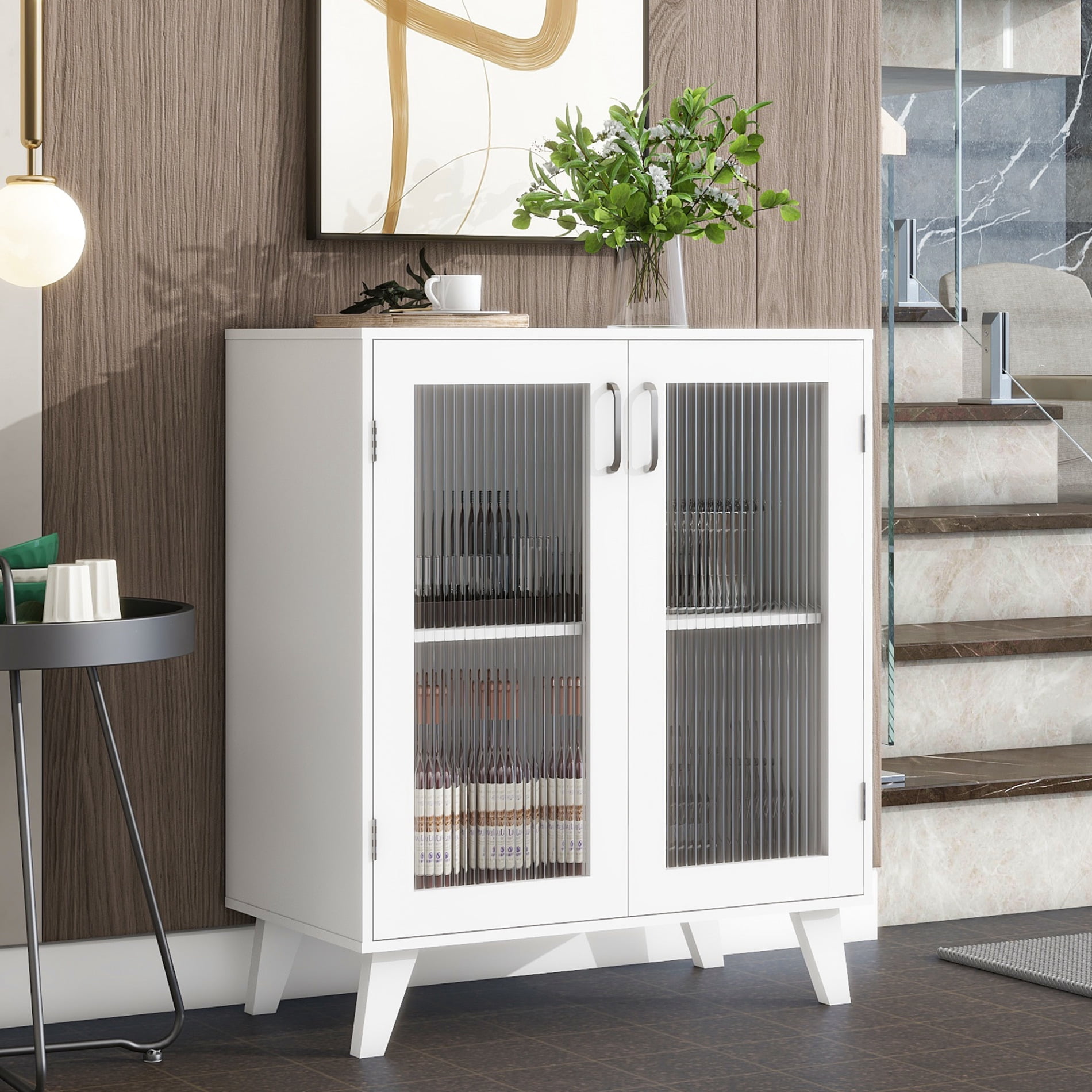 Modern Living Room Cabinet with 2 Glass Doors & Adjustable Shelf ...