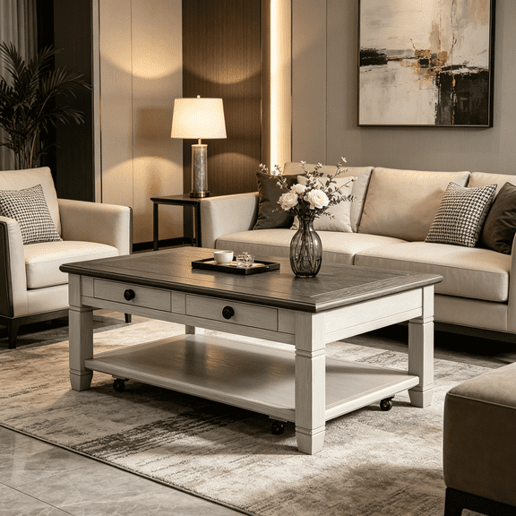 Modern Living Room Coffee Table on Wheels, 2-Tone Drawer End Table