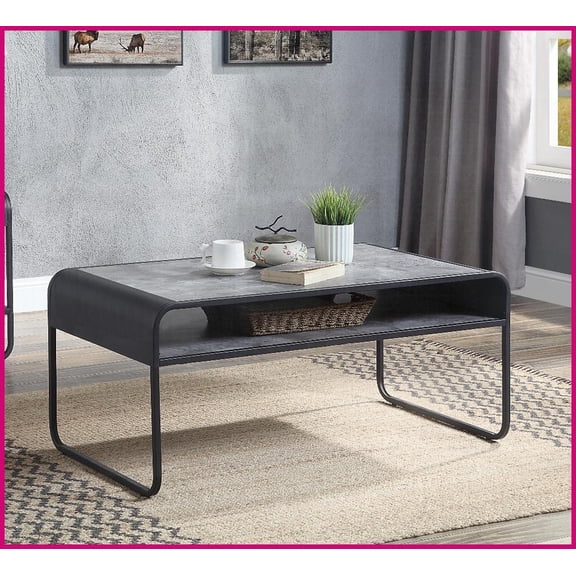 Modern Living Room Coffee Table with Black Metal Frame & Faux Concrete Shelf, Space-Saving Storage & Easy Assembly