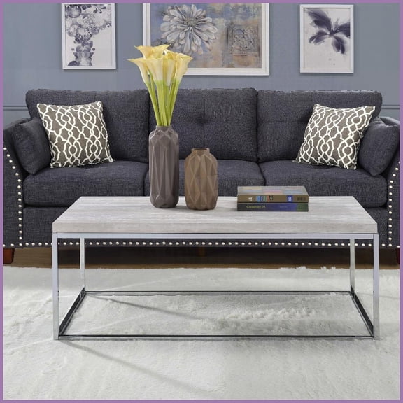 Modern Living Room Coffee Table with Chrome Sled Base Engineered Stone Top, Easy Assembly