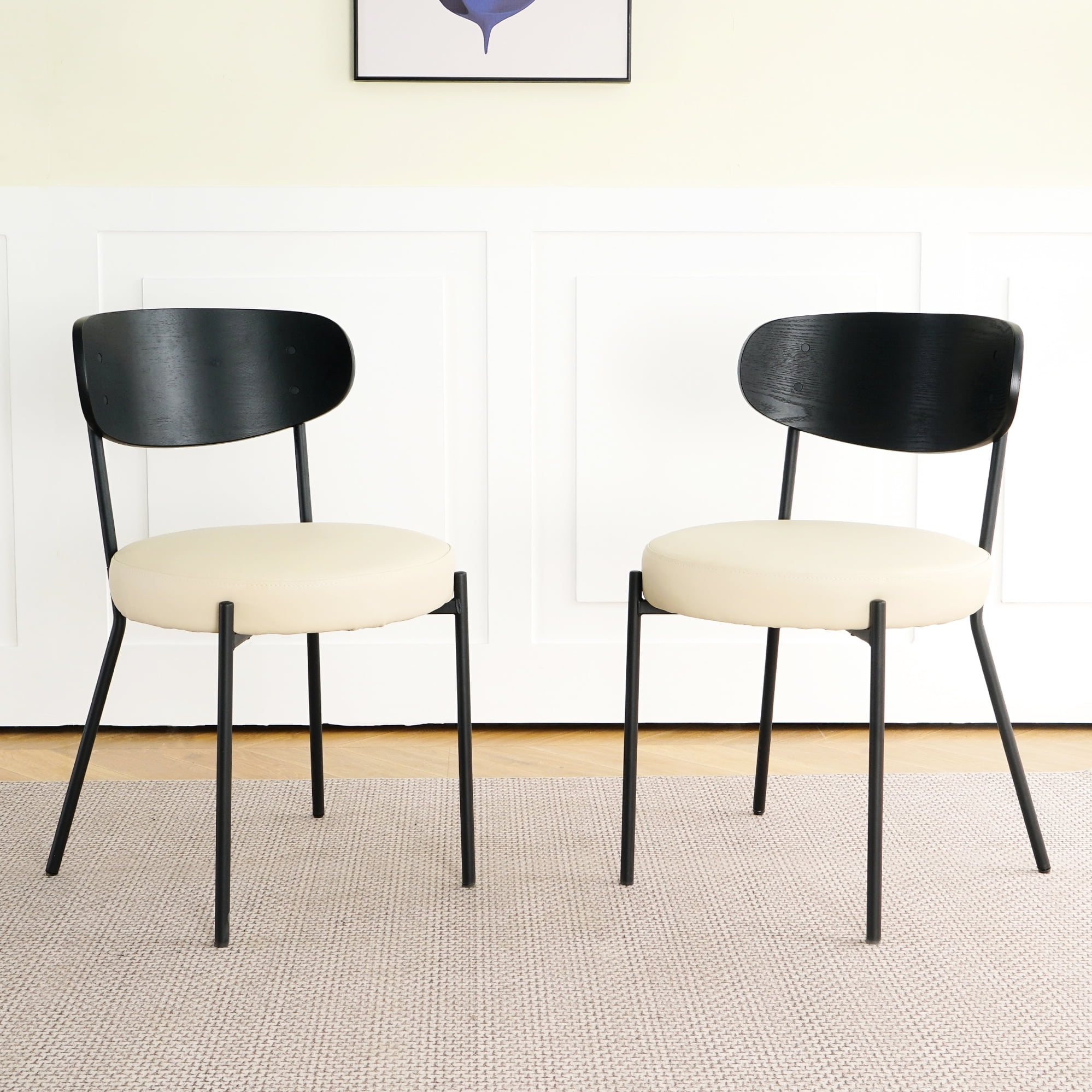 Modern Living Room Dining Chair Of 2, Cream Pu Upholstery With Ash ...