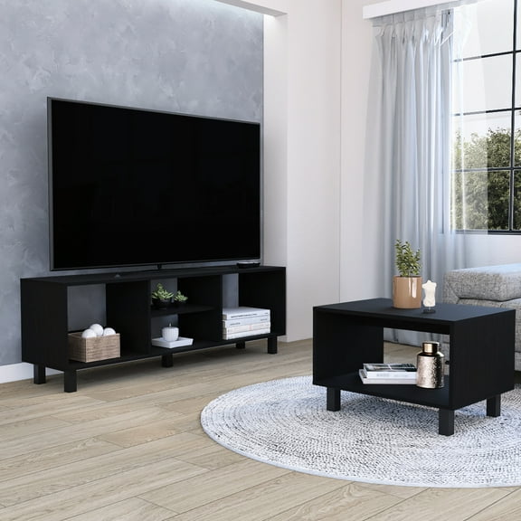 Modern Living Room Duo: Tv Stand And Coffee Table. 55.2"w X 13.7"d Spacious Rack, Fits 50 - 59" Tvs. Table With Practical Storage. Steel Legged. Black Engineered Wood : 53.55"w 13.7"d Sensible