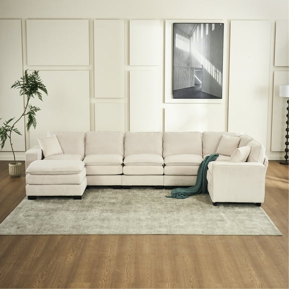 Modern Living Room Furniture, U Shaped 6 Sectional With And 3 Pillows, Corduroy, Robust Elegant , Corduroy Appealing