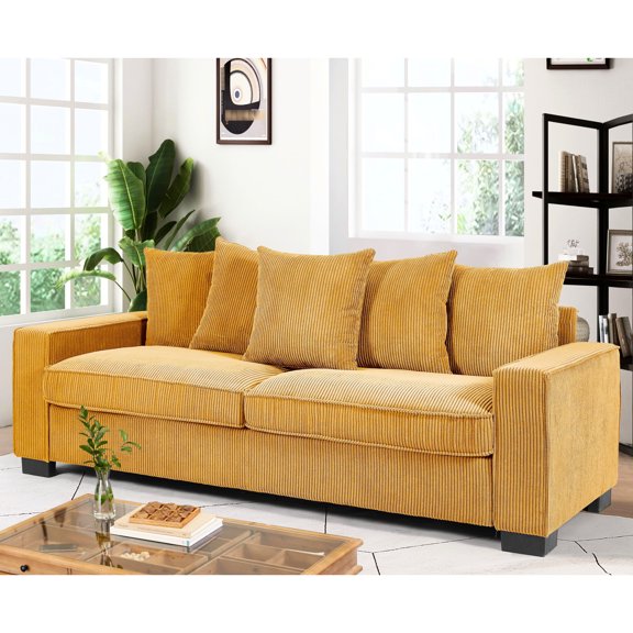 Modern Living Room Ginger Corduroy Couch, 3 Seater With 5 Pillows Spacious For Space