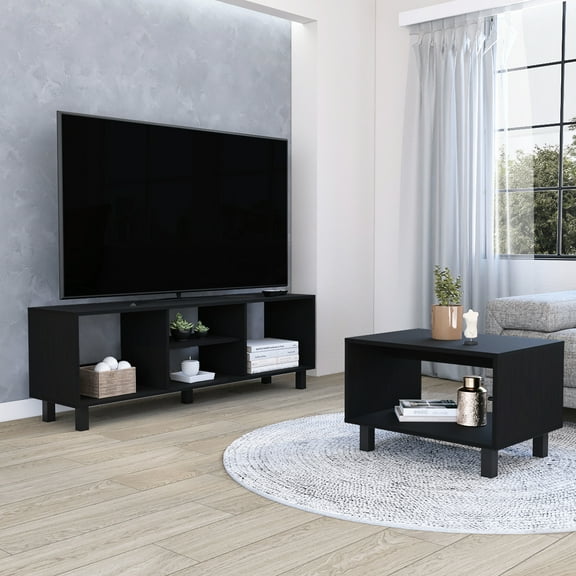 Modern Living Room Pair : Tv Stand And Coffee Table In Black Wood Duo With Storage & Table, Engineered