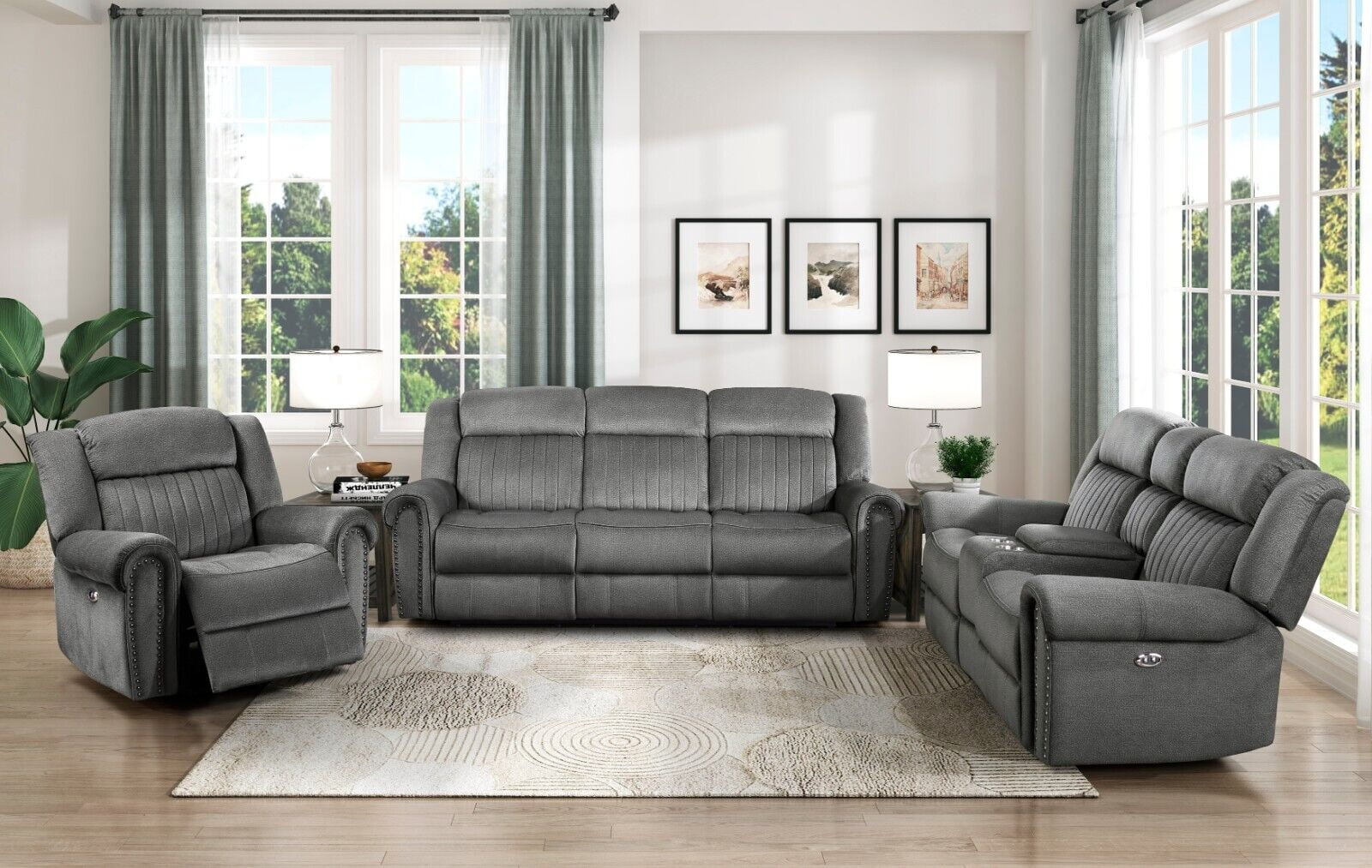 Modern Living Room Power Reclining 3pc Sofa Set Sofa Console Loveseat Chair Microfiber Upholstery Plush Seating