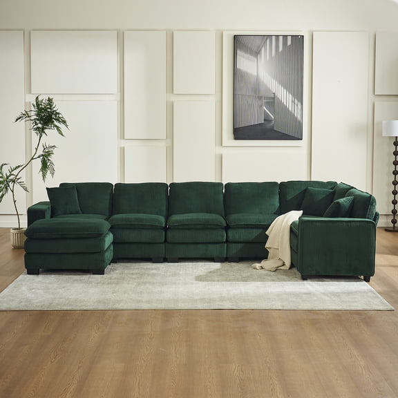 Modern Living Room Sectional , U Shaped 6 With Corduroy, And 3 Pillows, Wood Frame, Inviting Atmosphere Corduroy Upholstery, Shaped, Splendor, Construction, Cozy Seating