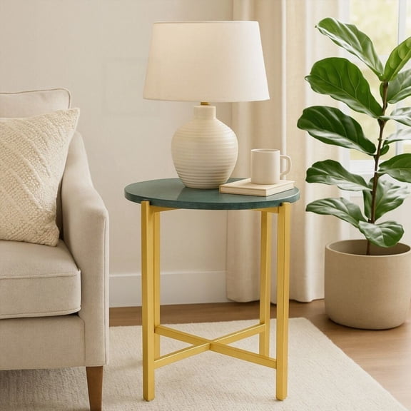 Modern Living Room Side Table with Genuine Green Marble Top and Golden Metal Frame-21 Inch Height