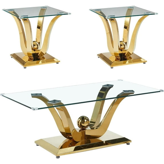 Modern Living Room Table Set of 3, Coffee Table and End Tables, 0.39" Tempered Glass Tops and U-Shaped Stainless Steel Bases
