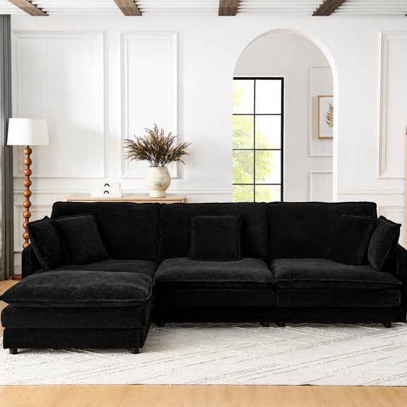 Modern Living Room With , L-shaped Sectional 4 Seater Convertible Black Contemporary In Towel Fabric For