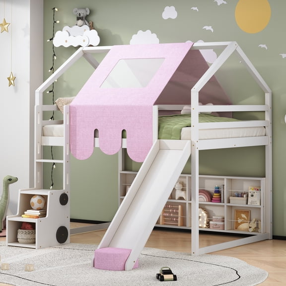 Modern Loft Bed with Ample Storage & Sturdy Build, Frame — White & Pink — both a fun slide and a sturdy ladder for easy access