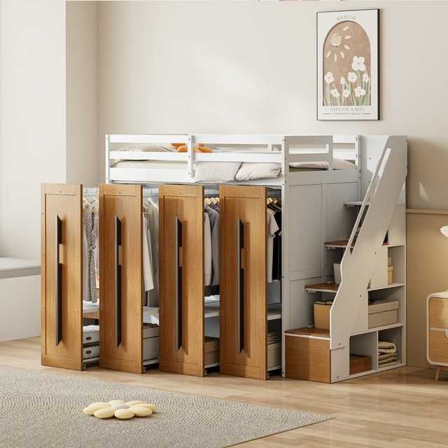 Modern Loft Bed with TwoTone Storage Stairs and PullOut Wardrobes for