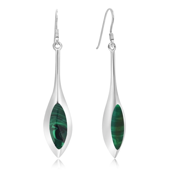 Modern Long Icicle Green Malachite Inlay Sterling Silver Dangle Earrings
