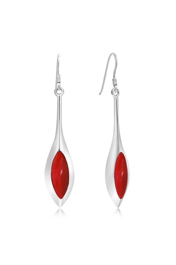 Modern Long Icicle Synthetic Coral Inlay .925 Sterling Silver Dangle Red Earrings