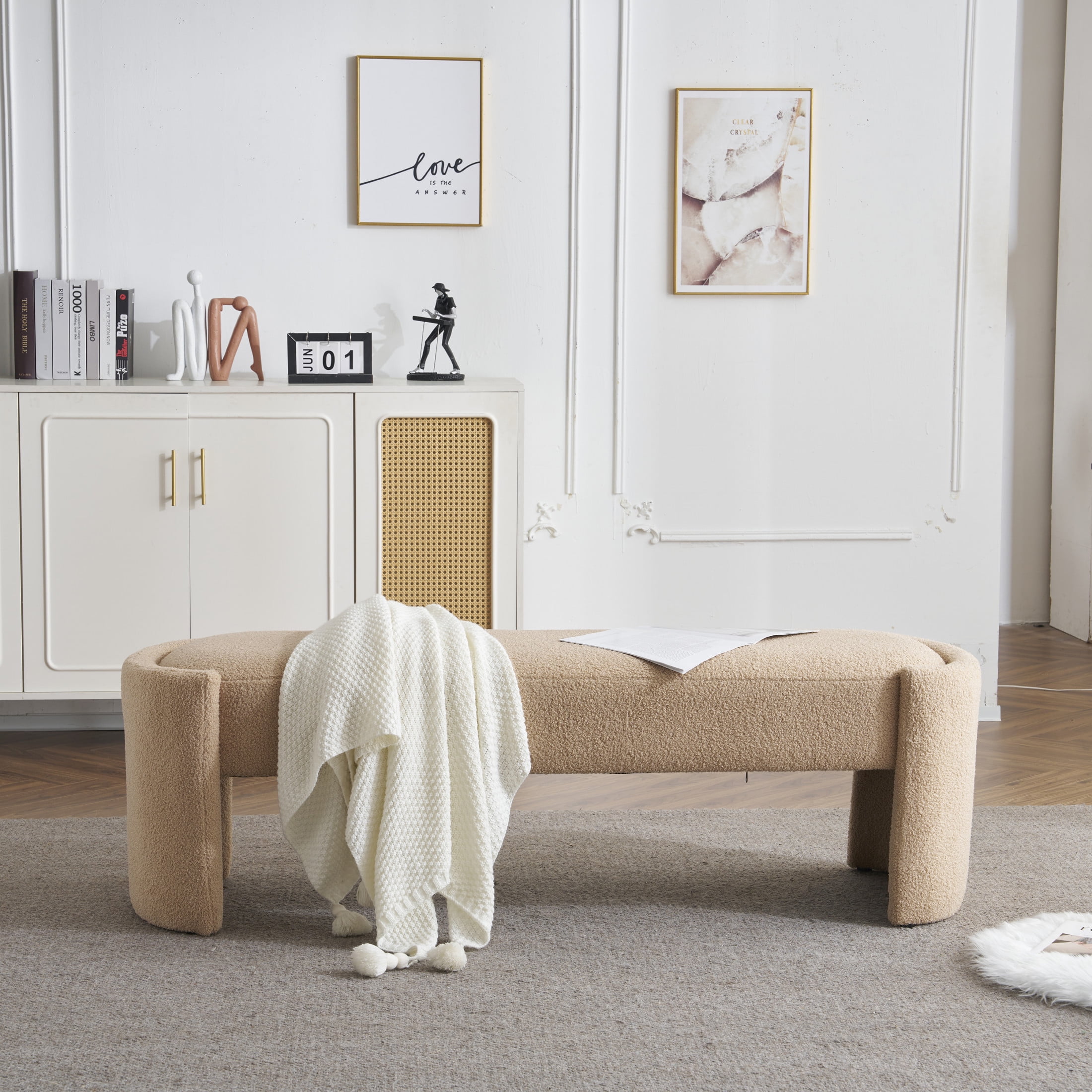 Christopher Knight Home Generic Modern Long Ottoman with Wooden Frame and Polyester Upholstery, Light Camel