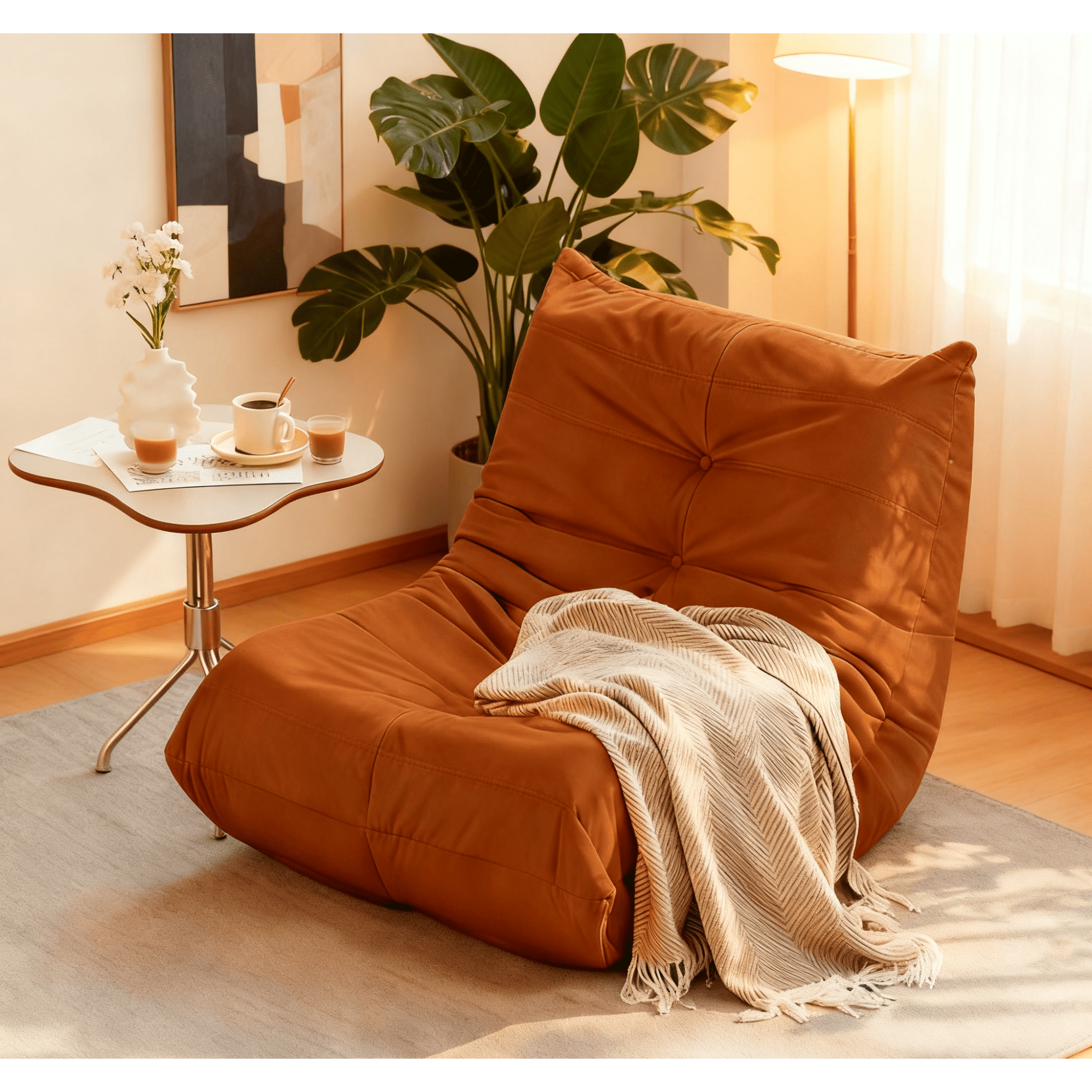 Modern Lounge Chair for Indoor,Button Tufted Corduroy Upholstered Recliner,Deck Chair for Bedroom Living Room,Orange