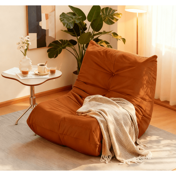 Modern Lounge Chair for Indoor,Button Tufted Corduroy Upholstered Recliner,Deck Chair for Bedroom Living Room,Orange