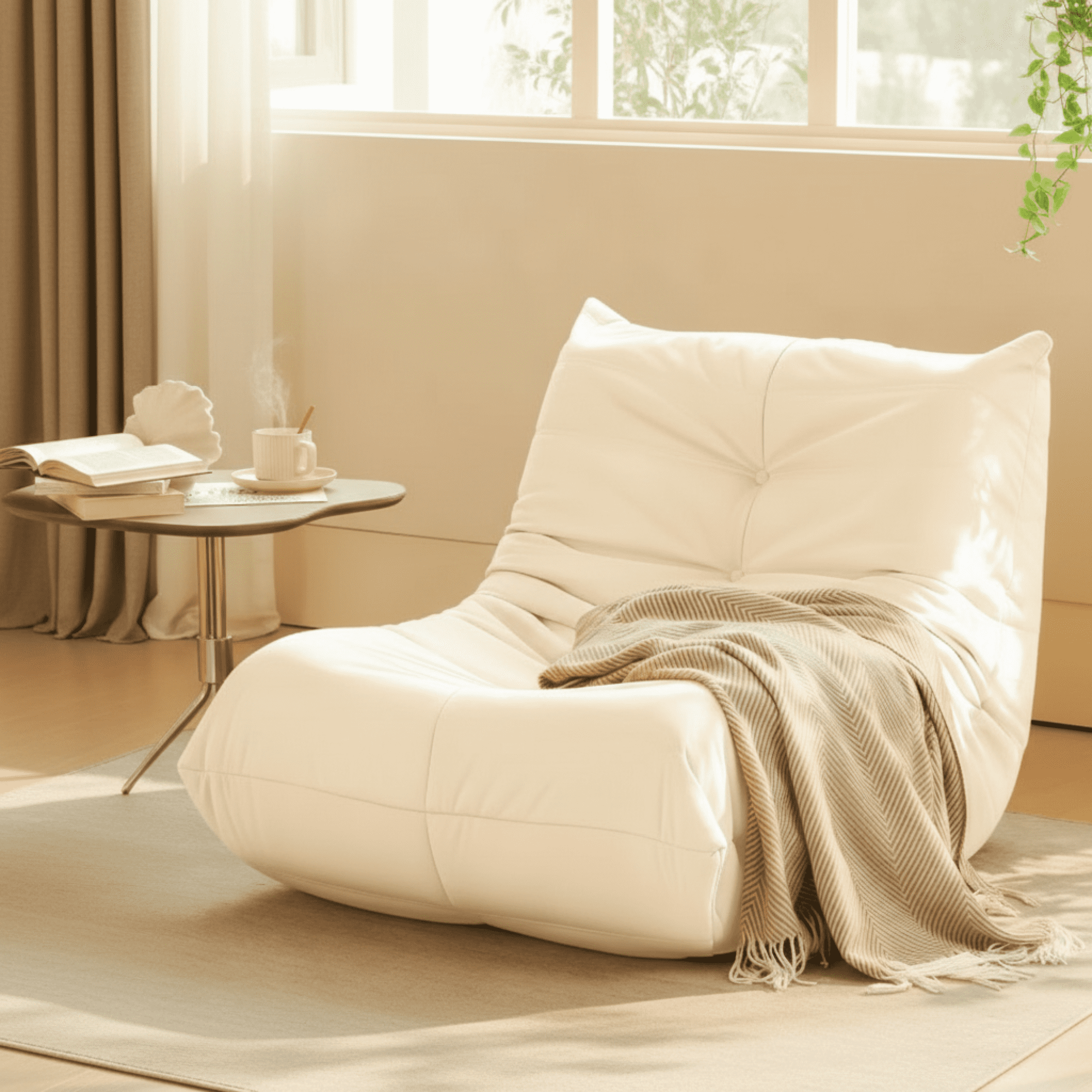 Modern Lounge Chair for Indoor,Button Tufted Corduroy Upholstered Recliner,Deck Chair for Bedroom Living Room,White