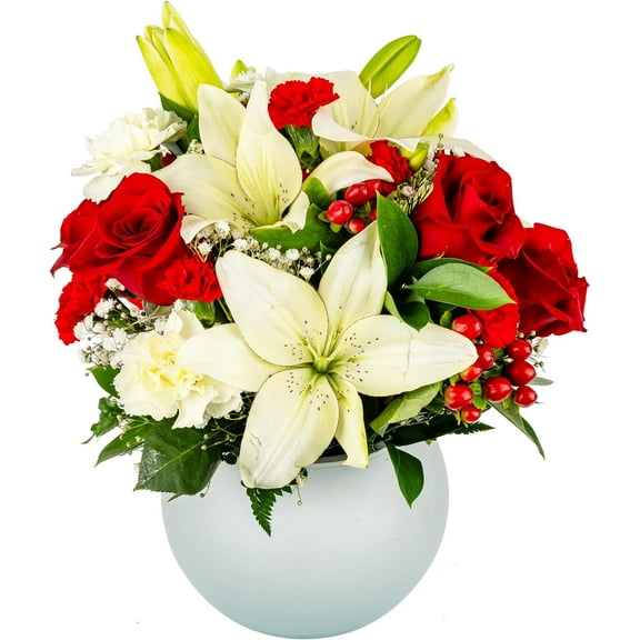 Modern Love by Arabella Bouquets Roses, Lilies, Fresh Flowers with Opal Vase