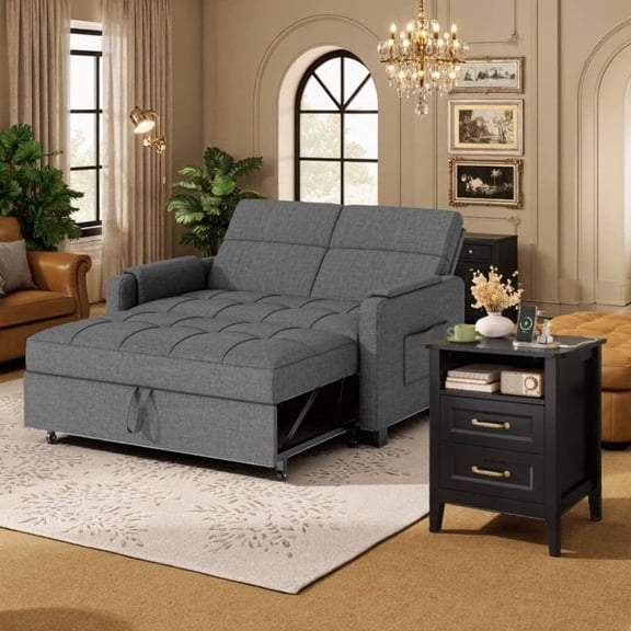 Modern Loveseat and Bedside Combo, 3-in-1 Convertible Sofa Bed & Nightstand End Table with USB Charging Station, Living Room Bundle for Apartment, Dark Grey+Black