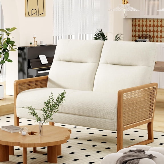 Modern Loveseat Bench Couch with Natural Rattan Arm, Upholstered Linen Small Love Seat Sofa 2-Seats Living Room Couch Settee, Comfy Lounge Recliner Chair-Ivory