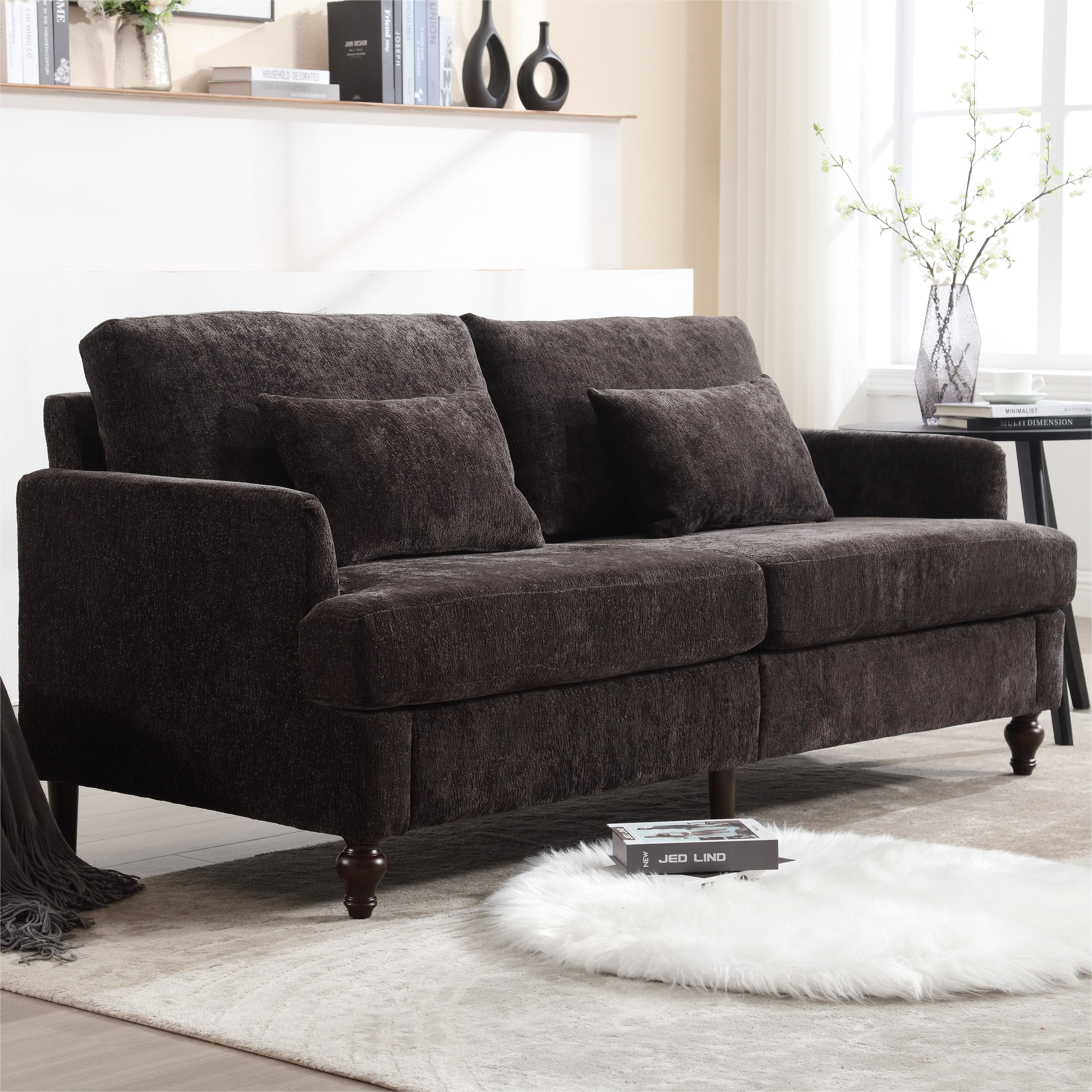 Modern Loveseat Couch Sofa,68" Black Chenille Futon Couch with Armrest,2