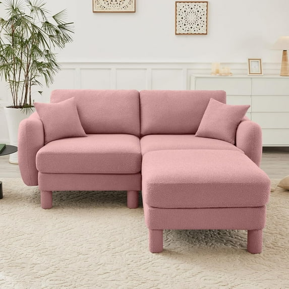 Modern Loveseat & Modular Sectional Sofa, Cloud Couch Style Boucle Fabric Recliner, L Shaped Couch for Living Room, Shell-Shaped Armrests Cylindrical Legs Pink Sofa with Ottoman, Bedroom, Apartment