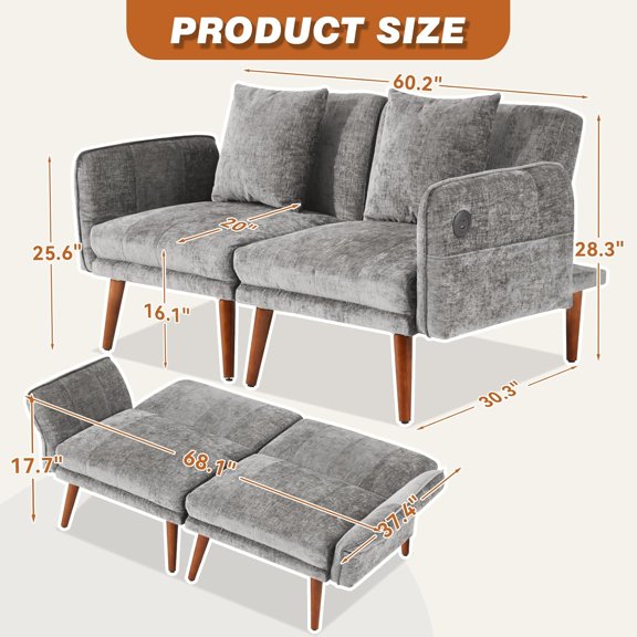 Modern Loveseat Sectional Sofa with USB Charging, Adjustable Backrest & Armrest, Chenille Fabric (Grey, 2 Pieces)
