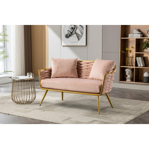 Modern Loveseat Sofa with 2 Pillows, Velvet Accent Chair with Golden Legs, 2 Seater Couch with Metal Frame for Living Room, Bedroom, Office, Balcony, Pink