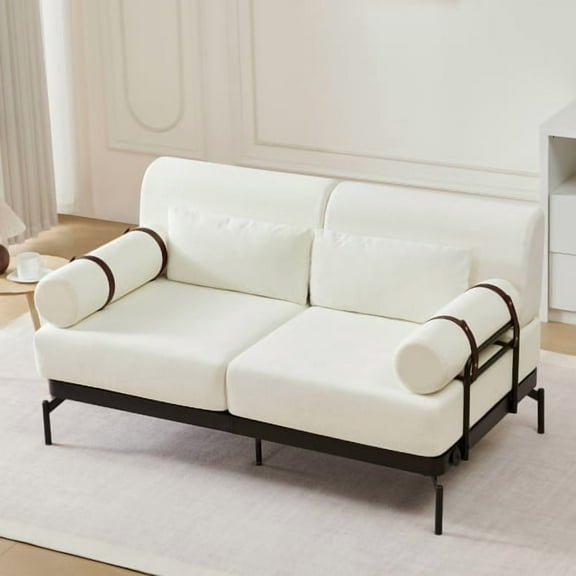 Modern Loveseat Sofa 59" Beige Chenille 2-Seater with USB Ports and Cylindrical Armrests for Living Room