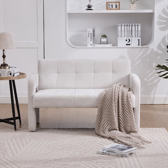 Modern Loveseat Sofa, Chenille Upholstered Sofa Leisure Loveseat Couches Comfortable Seating with Dual Armrests, Double Armchair Small Love Seat Couches for Living Room, Apartment, Office, Beige