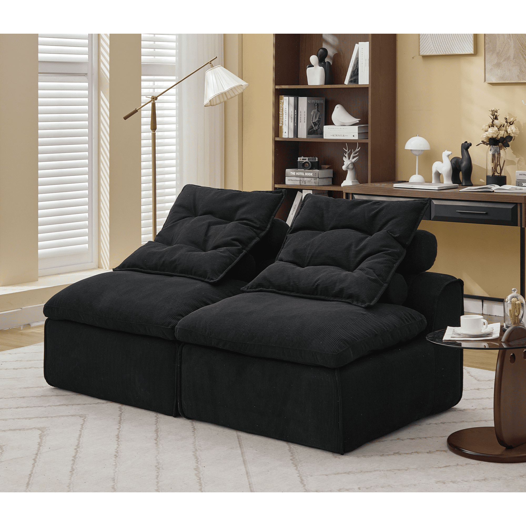 Modern Loveseat Sofa,Modular Sofa Couch,Corduroy 2-Seater Cloud Couch,Reading Lounge Sofa Chair for Small Spaces,Living Room,No Armrests,At will DIY,Black