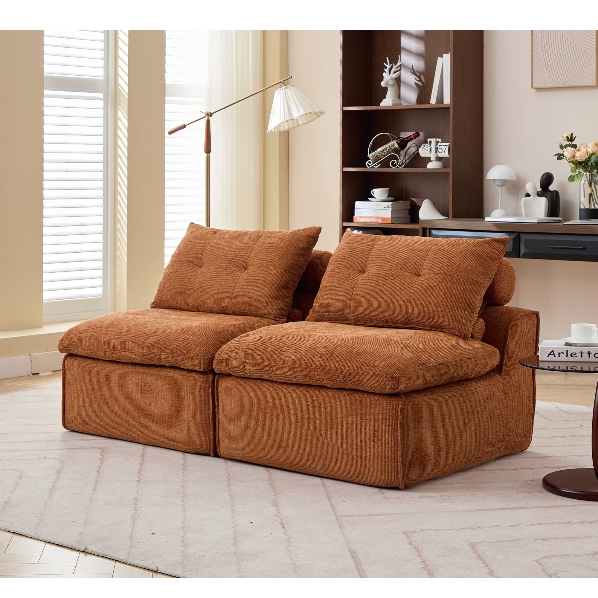 Modern Loveseat Sofa,Modular Sofa Couch,Corduroy 2-Seater Cloud Couch,Reading Lounge Sofa Chair for Small Spaces,Living Room,No Armrests,At will DIY,Orange