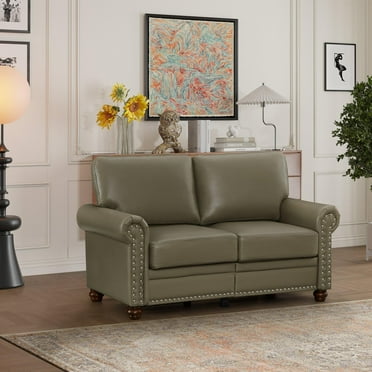 Modern Loveseat Sofa in Taupe & Grey Faux Leather, 2-Seater PU Leather Storage Bench with Round Arms, Sturdy Wood Frame for Living Room