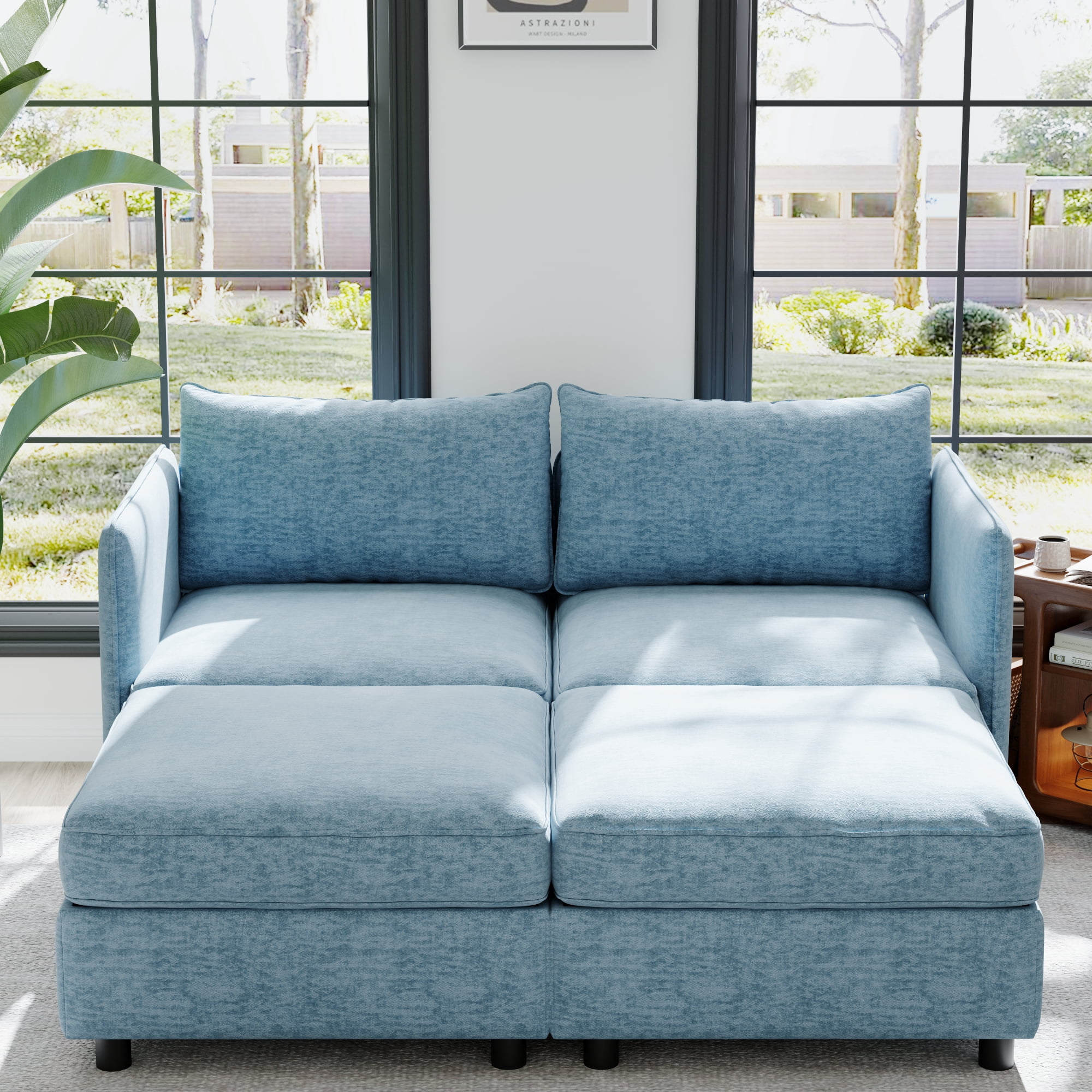Modern Loveseat Sofa with Deep Seat & Storage Ottoman,Chenille Chaise Longue Sofa Bed for Small Spaces,Living Room,Bedroom,Antique Blue