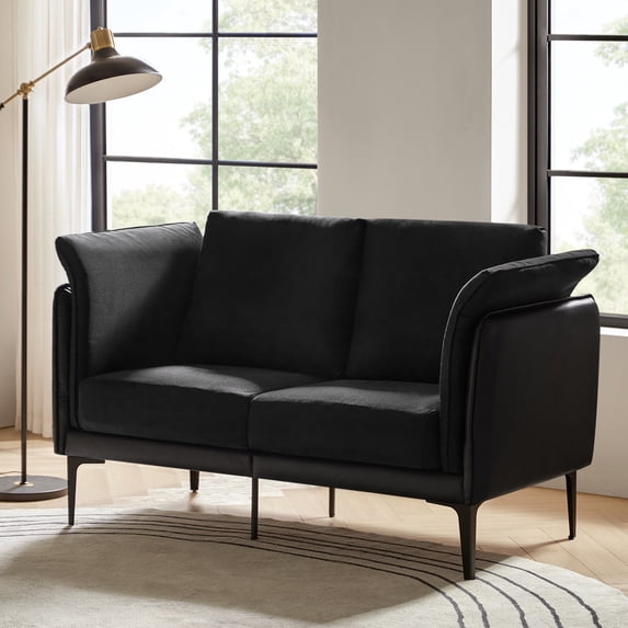 Modern Loveseat with Metal Legs Curved Arms Linen Leather Fabric Sofa for Living Room Black