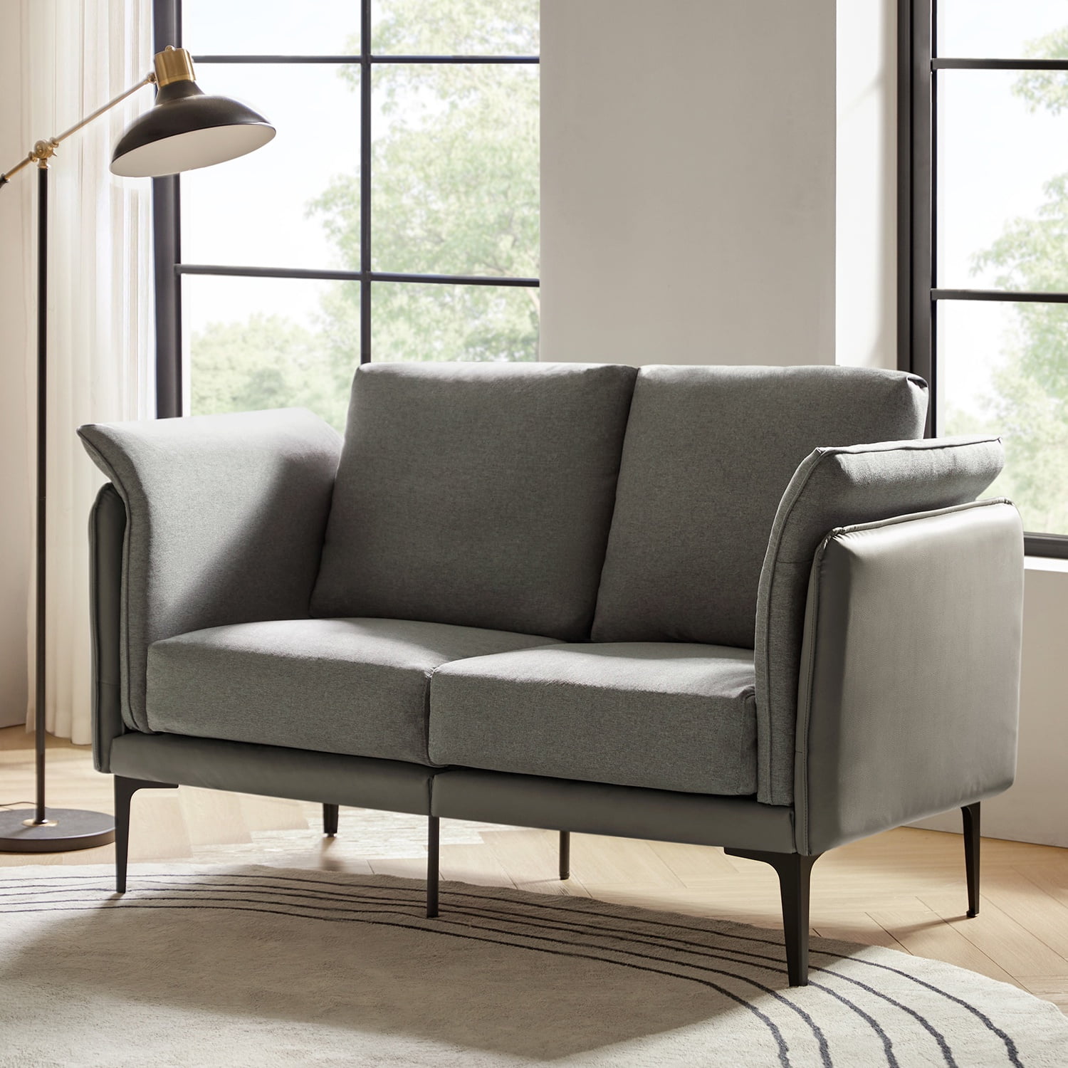 Modern Loveseat with Metal Legs Curved Arms Linen Leather Fabric Sofa for Living Room Grey