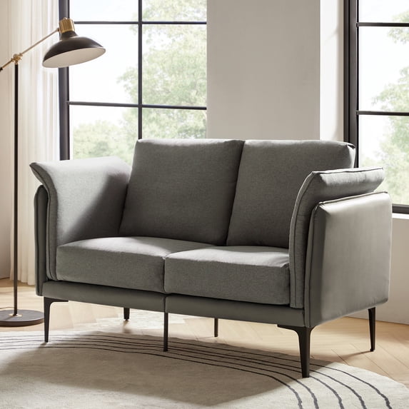 Modern Loveseat with Metal Legs Curved Arms Linen Leather Fabric Sofa for Living Room Grey