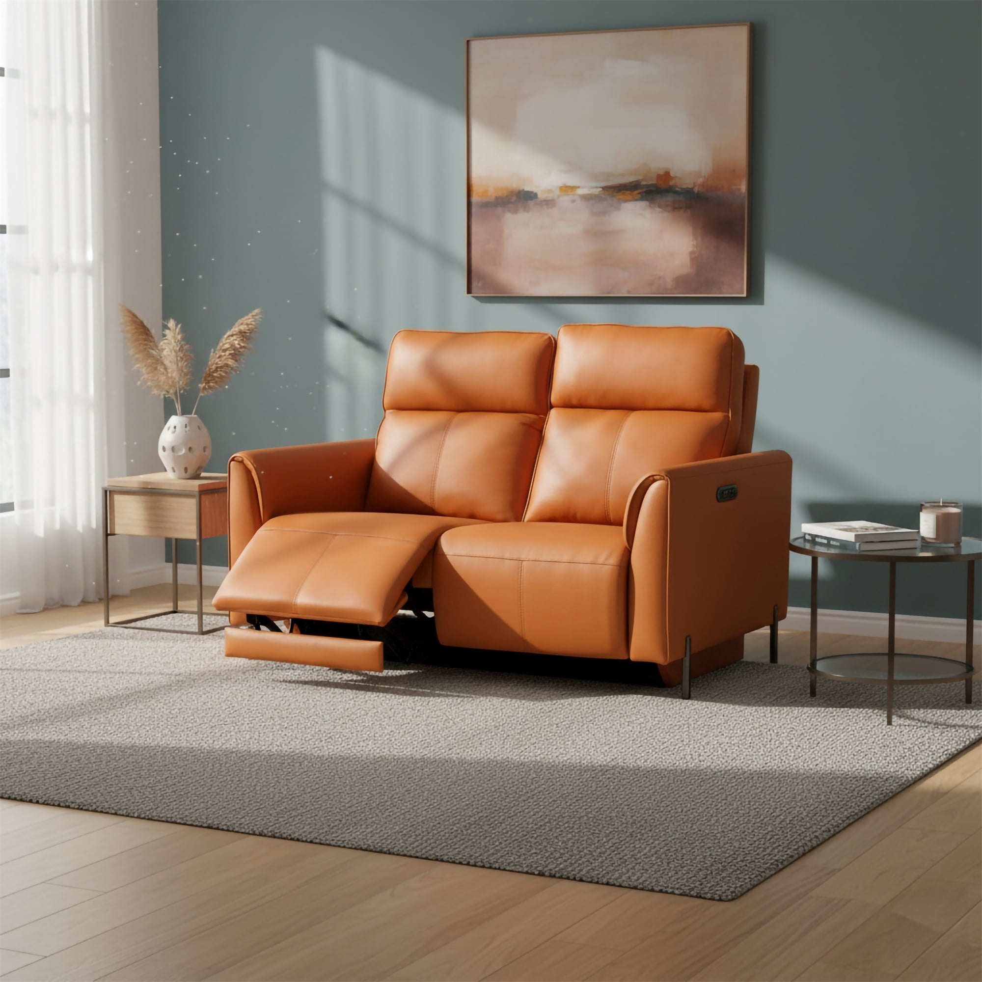 Modern Loveseat with Power Recliners and Head Control, Orange