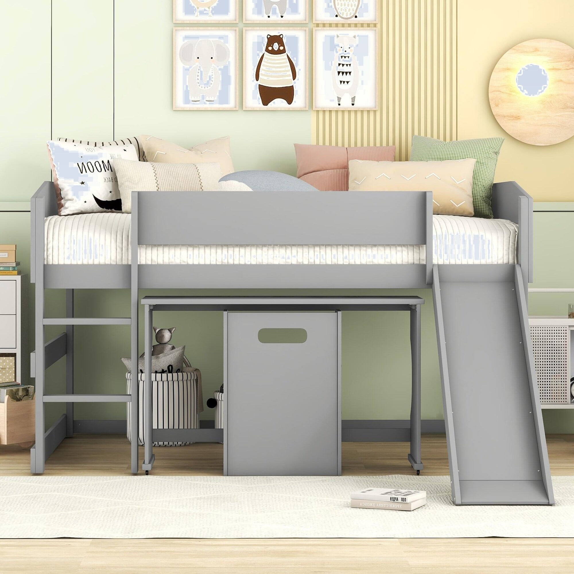 Modern Low Loft Bed with Rolling Portable Desk and Chair Grey Full