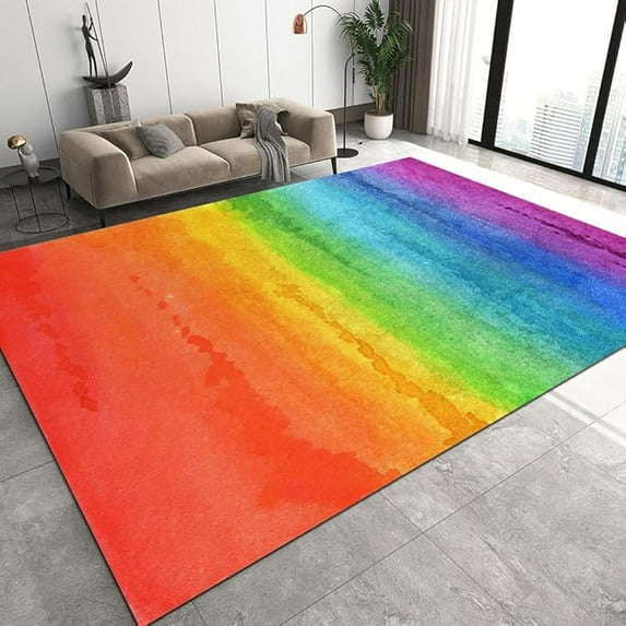 Modern Low Pile Washable Bedroom Area Rug, Rainbow Multicolor Gradient Living Room Rug, Soft Non-Slip Dining Room Carpet, Balcony School Kitchen Rugs 3 x 4ft