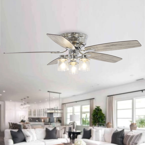 52" Modern Glass Shade Flush Mount Ceiling Fan with Remote and Light, Chrome Low Profile Chandelier Ceiling Fan